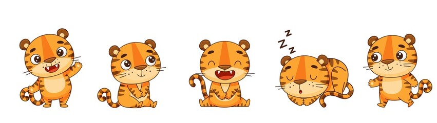 Set of cute tigers in cartoon style say hello, sit, laughs, sleep, go. Isolated on white. Vector illustration
