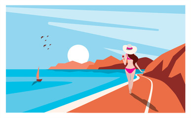 road and mountain vector illustration on the theme of summer holidays. beautiful young tanned girl in a bikini sunbath on the beach.tanned young girl in a Pink  swimsuit and hat sunbathes on the beach