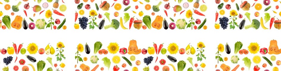 Large seamless pattern fresh healthy fruits, vegetables, berries isolated on white