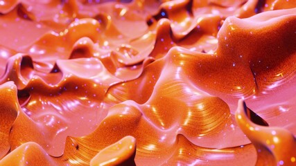 Liquid gradient orange. Bright glossy paint surface as abstract festive background. Glitters on viscous liquid 3d splashes on surface like drops. 3d render