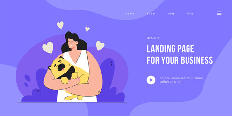 Happy female person holding dog in hands. Cartoon woman hugging cute puppy flat vector illustration. Hearts in background. Love, pet, owner concept for banner, website design or landing web page.