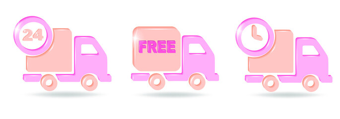 Set of delivery icon. Free Shipping,  24 hour delivery symbol, fast logistic lorry. 3d vector in pink and coral colors isolated on white background.