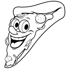 Cartoon pizza slice character. Vector black and white coloring page