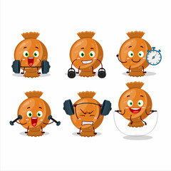A healthy orange candy wrap cartoon style trying some tools on Fitness center