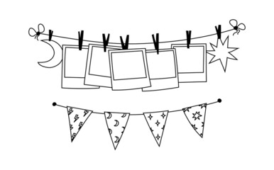 Hand-drawn photo cards pinned to a rope. Doodle decorate your home area with photos and a garland of flags. Clothespins on a string with pictures. Vector illustration isolated outline.