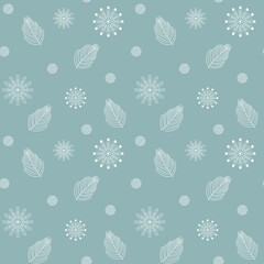 Seamless Christmas winter pattern with white pine branches snow flakes snowballs on blue background. Elegant botanical pattern for holiday product design