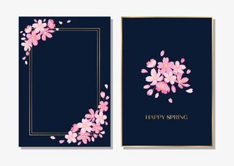 桜の花の装飾フレーム　2点セット　デザイン用のベクター素材　ネイビーの背景にゴールドのフレーム