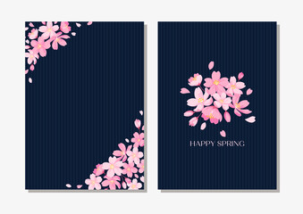 桜の花の装飾フレーム　2点セット　デザイン用のベクター素材　ネイビーの背景