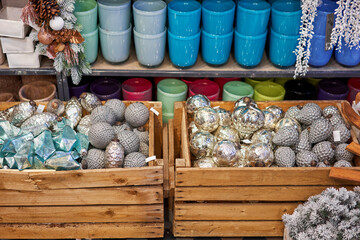 Market of decor . Lots of christmas decoration in store. Christmas shopping for new year tree.