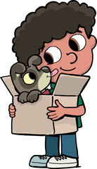 boy holds a box with a new pet to a small puppy and the dog licks his face