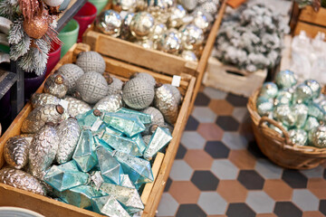 Market of decor . Lots of christmas decoration in store. Christmas shopping for new year tree.