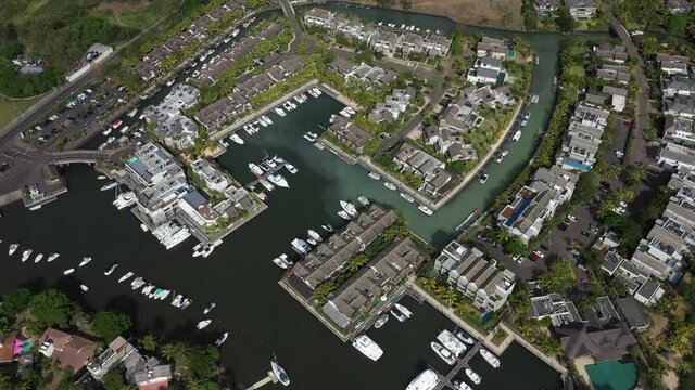 Aerial view: Yachts and apartments in
La Balise Marina, Mauritius island 