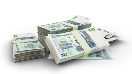 3D Stack of 100 Zimbabwean dollar notes isolated on whited background