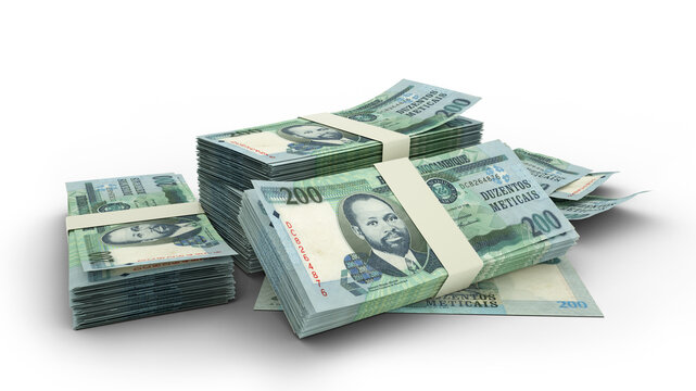 3D Stack of 200 Mozambican metical notes isolated on whited background