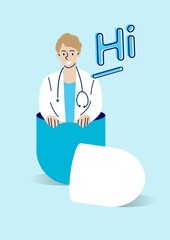 Male doctor pops out of pill capsule. Healthcare and medical concept. Hand draw style. Vector illustration.