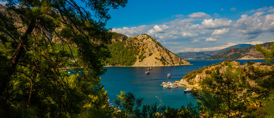 TURUNCH, MARMARIS, TURKEY: Mountain and sea view of Turunc village on a sunny summer day in Mugla province.