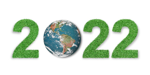 Green earth 2022. New Year 2022 made of green grass with globe isolated on white background. Earth...