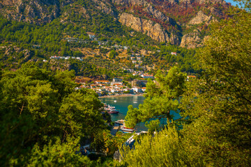 TURUNCH, MARMARIS, TURKEY: Mountain and sea view of Turunc village on a sunny summer day in Mugla province.