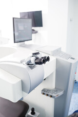 Microscopic apparatus for testing eyesight. Ophthalmology and treatment of eye diseases. Eye clinic, optometrist concept