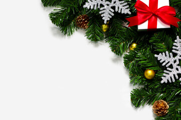 Christmas and holiday background. greeting card. Christmas decorations and Gift Box on white background
