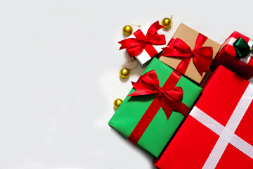 Christmas and New Year holiday background. Christmas gifts on white background. New year greeting card concept