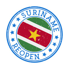 Suriname reopening stamp. Round badge of country with flag of Suriname. Reopening after lockdown sign. Vector illustration.