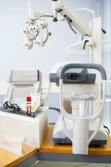 Microscopic apparatus for testing eyesight. Ophthalmology and treatment of eye diseases. Eye clinic, optometrist concept