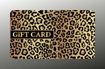 Gift card with golden leopard print on black background. Gold royal template for any luxe design, premium shopping or loyalty card, voucher or gift coupon, vip certificate.
