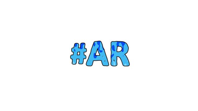 Hashtag #AR. Animated text isolated on White background. 4K video. Color movable letters pattern, fluid aqua effect. Trendy popular Hashtag AR is abbreviation for the US American state Arkansas.