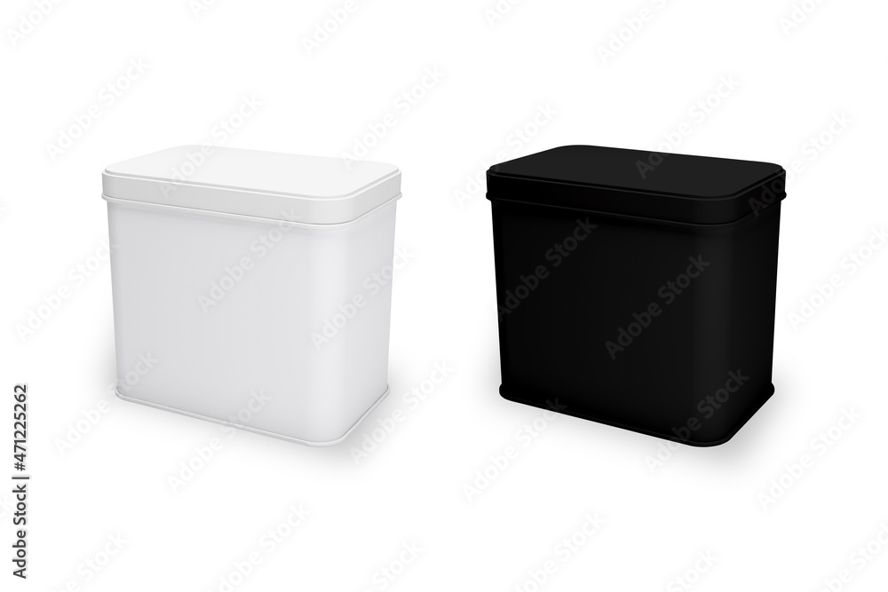 Poster blank white and black metal container isolated on white.blank square metallic tin box food container