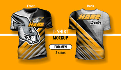 T-shirt for man front and back with Hare team logo. Mock-up for double-sided printing, layered and editable. © slava