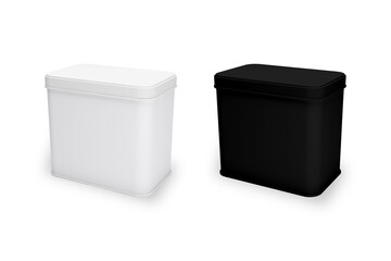 Blank White and Black metal container isolated on white.Blank square metallic tin box food container for packaging design mock up. 3d rendering.