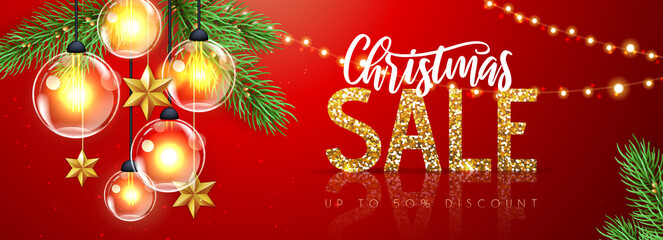 Fototapeta na wymiar Christmas holiday sale banner with modern glowing lamps on red background