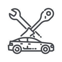 Vector line icon of a service repair tools wrench and a car side view isolated