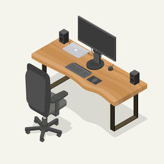 Home office minimalistic desk setup isometric vector set