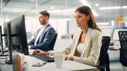 Young Confident Businesswoman Using Desktop Computer in Modern Office with Colleagues. Stylish...