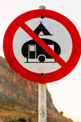 camping prohibition road sign, camping ban on the site