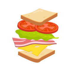 Flying sandwich ingredient, isolated on white background. Putting together a cheese and ham sandwich.