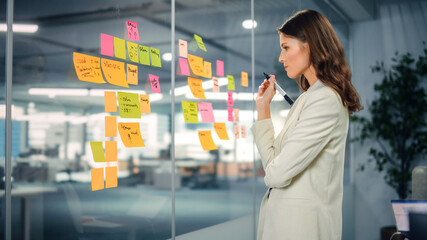 Young Confident Businesswoman Creating Project Plan on Office Wall with Paper Notes. Stylish...