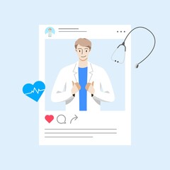 Male doctor thumbs up in social media post. Healthcare and medical concept. Hand draw style. Vector illustration.