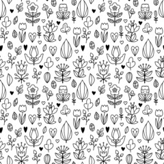Linear vector pattern with decorative flowers and leaves. Black and white seamless illustration of decorative botany in cartoon style