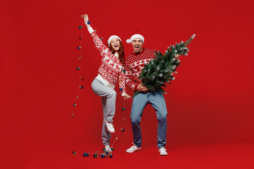 Full size fun happy young couple friends two man woman 20s in sweater hat hold fir-tree garland...