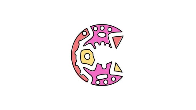 Letter C. 4K video. Isolated on white background. Abstract pattern on letter, 3 colors and black outline. Cartoon Animation. Capital Letter C for kids software, interface, comics, cartoons, game.