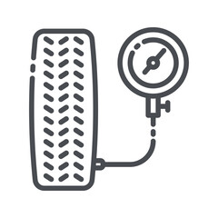 Vector line icon of a car tyre side view with manometer, pressure, gauge,