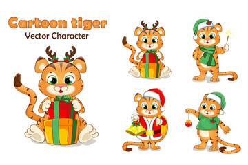 Cartoon tiger vector character. Christmas theme