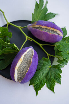 purple akebi fruits and green leaves