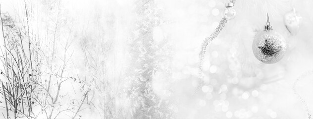 white silver Christmas ball and glowing snow flake with bush tree light bokeh party banner background