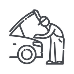 Vector line icon of a service inspection station and a Auto Mechanic under the car hood