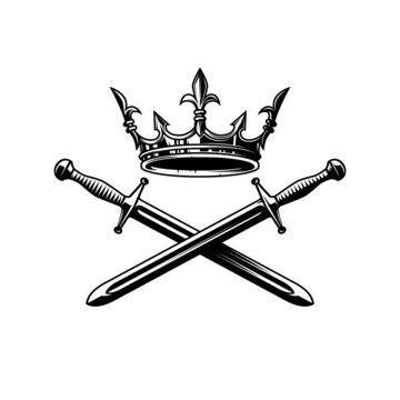 Illustration of king crown and crossed swords in monochrome style. Design element for logo, emblem, sign, poster, t shirt. Vector illustration