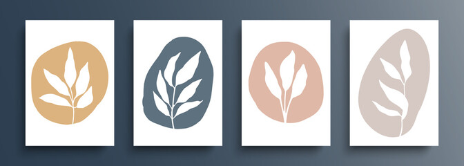 Botanical set. Boho foliage drawing with color abstract shapes. Hand drawn floral backgrounds for your creative graphic design. Vector illustration.